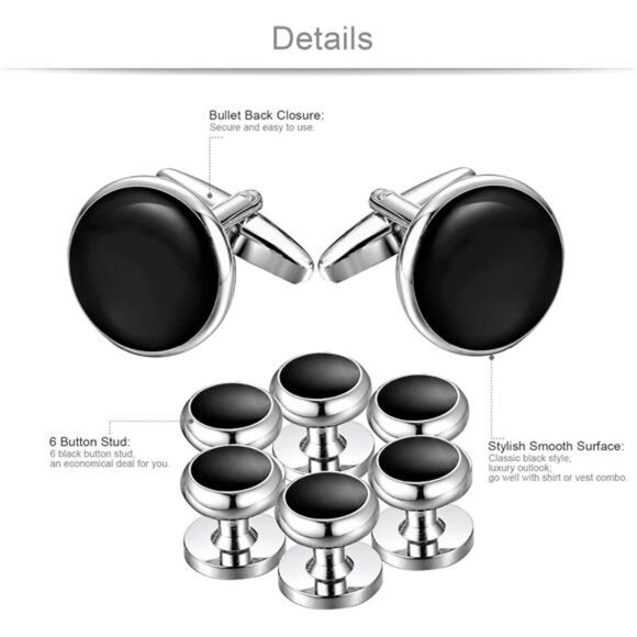 Mens Cufflinks & Studs Set Tuxedo Shirts Classic Black&Silver Match for Business - Picture 4 of 8